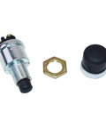 Momentary Push Button Start Switch With Neoprene Cap And Panel Mount Fits Five Eighth Inch Hole Screw Terminal Universal Black Beefed-Up Automotive Start Button For Cars Trucks And Jeeps, shown with nut and cap