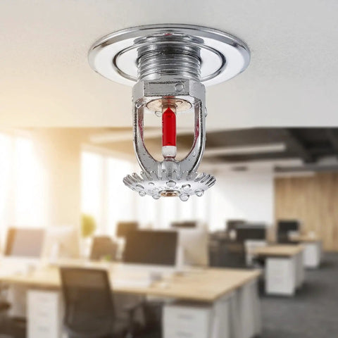 Top Tier Fire Sprinkler Head Set With Quick 155 Degree Trigger And Upspray Water Design Using Half Inch Threads For Homes Or Shops Wanting Badass Safety Gear That Actually Works Flawlessly, installed in office ceiling.