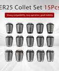 Image of ER25 Collet Set 15Pcs Precision Spring Collet Chuck Kit arranged in rows on white background.