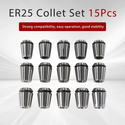 Image of ER25 Collet Set 15Pcs Precision Spring Collet Chuck Kit arranged in rows on white background.