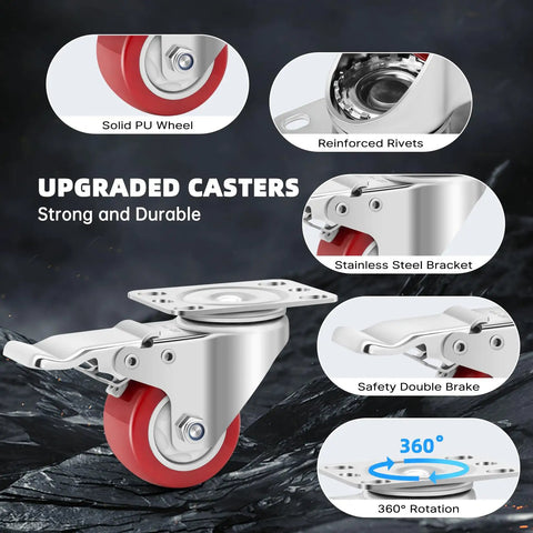 Heavy Duty 2 Inch 304 Stainless Steel Caster Wheels Set Of 4 With Roll-lock Brakes Rustproof Industrial Casters image showing solid PU wheel and stainless steel bracket.