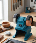 Beefed Up Mini Bench Grinder With Dual Grinding Wheels and Rock Steady Portable Cordless Frame featuring suction grip base on a workbench.