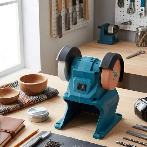 Beefed Up Mini Bench Grinder With Dual Grinding Wheels and Rock Steady Portable Cordless Frame featuring suction grip base on a workbench.