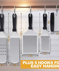 Five Piece Griddle Tools Set with hooks, stainless steel spatulas, flippers, scrapers hanging on wall, each with dimensions shown