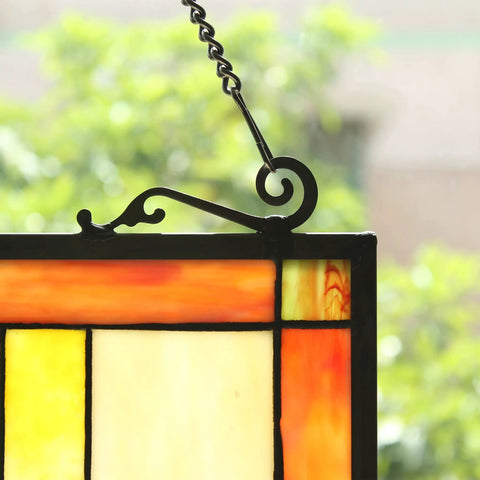 Close-up of Mission Style Stained Glass Window Panel With Hanging Chain Tiffany Design 18 By 25 Inch Multi Colored Glass Art for living room.