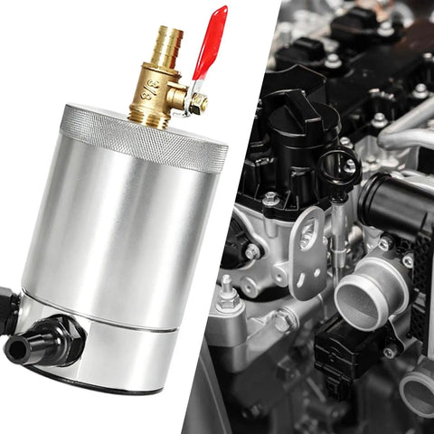 Premium 300ml Aluminum Catch Can With Baffle Plate Design, installed with engine components for optimal oil separation.