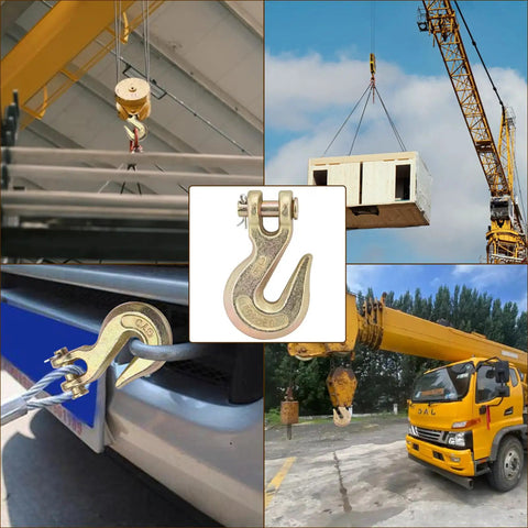 10 Piece Three Eighth Inch Clevis Grab Hooks Set, Grade 70 Forged Steel With Yellow Chromate Finish, shown in use on crane and truck tie-downs