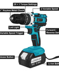 18V Cordless Electric Drill And Screwdriver Power Tool Set With Two 55 Ah Rechargeable Batteries showing key features like LED light and torque settings.