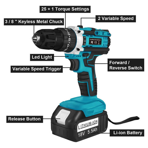 18V Cordless Electric Drill And Screwdriver Power Tool Set With Two 55 Ah Rechargeable Batteries showing key features like LED light and torque settings.
