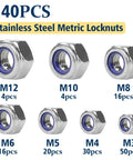 Nylon Insert Lock Nut Set, 140Pcs Metric Lock Nuts M3 M4 M5 M6 M8 M10 M12 Anti Loosening In 304 Stainless Steel shown in various sizes