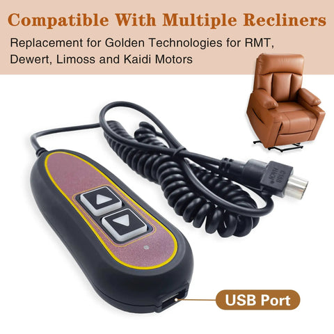 2 Button 5 Pin Lift Chair Remote Hand Control Replacement ZK1200-HC USB Backlight shown with recliner compatibility