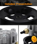 Honestly Solid Power Steering Pump Pulley For Chevy Camaro And Pontiac Firebird Replaces Oem Specs showing detailed black pulley and hydraulic fittings.