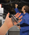 Screw Extractor Kit Helps You Pull Broken Stripped Bolts With Ease, Heavy Steel Drill Bits In #1 To #5 Sizes Perfect For DIY Home Repairs And Tough Jobs. Mechanic holding extractor bits under a vehicle.