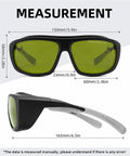 Game Changers Multi Wavelength Laser Safety Glasses Built Tough For Pro Hair Removal And Tattoo Parlors, showing measurements and dimensions.