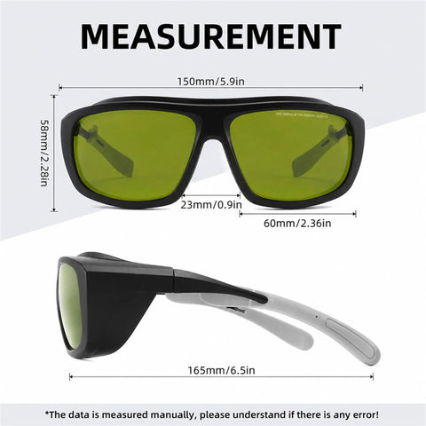 Game Changers Multi Wavelength Laser Safety Glasses Built Tough For Pro Hair Removal And Tattoo Parlors, showing measurements and dimensions.