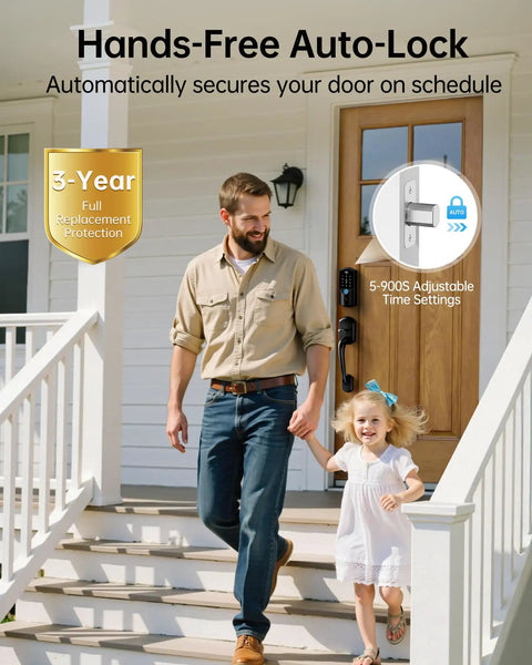 Built In WiFi Smart Lock With Handle Set Keyless Entry Front Door Lock, a family entering home safely on stairs.