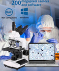 All In One Binocular Compound Microscope Kit For Kids And Grownups With WF10x And WF25x Eyepieces shown with laptop display