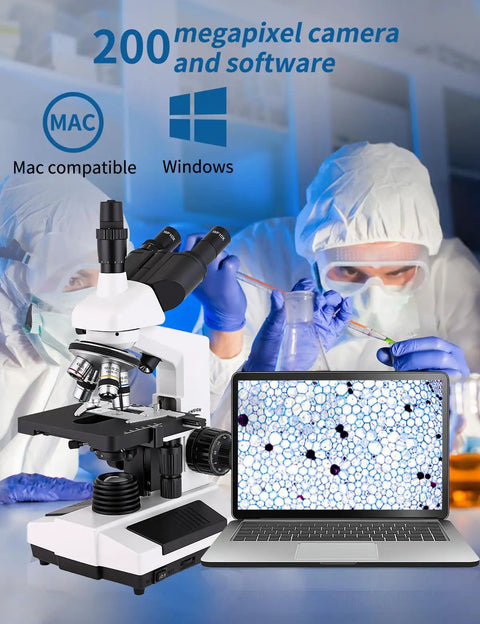 All In One Binocular Compound Microscope Kit For Kids And Grownups With WF10x And WF25x Eyepieces shown with laptop display