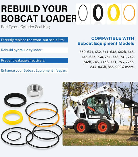 Tilt Hydraulic Cylinder Seal Kit For Skid Steer Loaders Pro Grade Beefed Up Heavy Duty Replacement For 630 631 632 641 642 643 645 653 730 731 732 741 742 743 751 753 7753 843 853 Direct Replacement For 7135551 components shown with Bobcat skid steer loader in background.