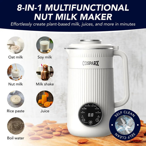 8 In 1 Nut Milk Maker Blender 32oz Capacity For Creamy Soy Almond Oat Coconut And Plant Based Non Dairy Beverages With Delay Start And Keep Warm For Easy Homemade Milks, shown with various milk options.