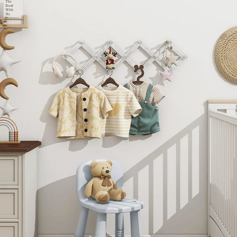 Accordion Style Wall Mounted Coat Rack With 13 Peg Hooks For Coats Hats Bags Mugs And Necklaces In Rustic White Finish in nursery