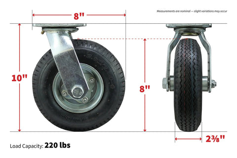 8 Inch Pneumatic Caster Wheel With Swivel Plate And Ball Bearing Steel Hub Five Eighths Inch Bore 220 Pound Load Capacity