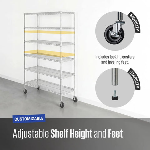 Shop Ready NSF Certified Six Tier Steel Wire Shelving Rack With Solid Locking Casters, showing adjustable shelf height and mobility features.