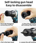 Instructions showing disassembly of Knockout Cordless Electric Rivet Gun And Automatic Nut Setter with self-locking gun head.