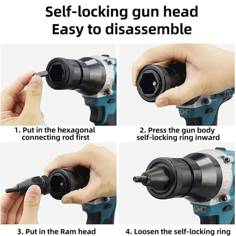 Professional Cordless Electric Rivet Gun With Brushless Motor And 5200mAh Battery showing self-locking gun head assembly steps.