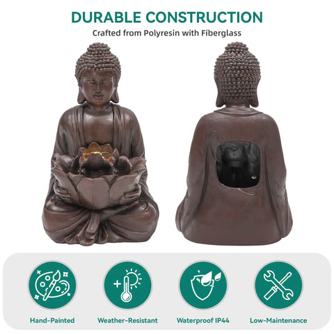 Front and back view of Buddha Outdoor Water Fountain With LED Lights And Pump, faux bronze, polyresin, durable construction icons