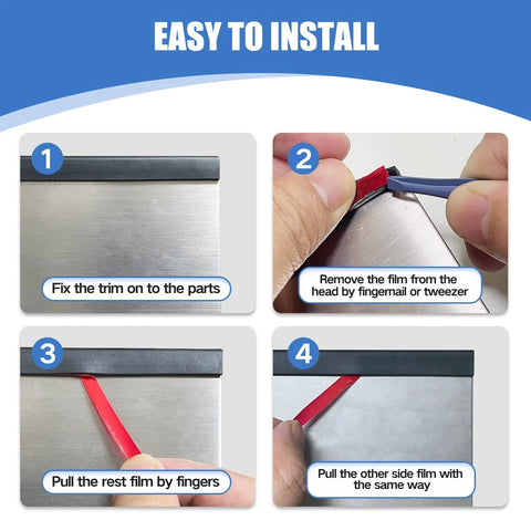 Rubber edge trim with self-adhesive backing for sheet metal, EPDM, 1/16 in, 10 ft, black, U-channel; installation steps infographic