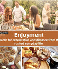 Group enjoying an outdoor meal with breads and pastries, showcasing a relaxed ambiance for deceleration from everyday hustle.