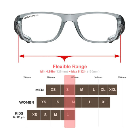 Hella Rugged Z87 Safety Glasses With Side Shields Anti Scratch Fog Resistant Lens Lightweight Ergonomic Design Smooth Fit eye protection size chart detailing range for trades and youths.