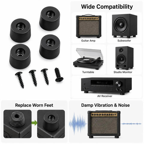 Heavy-Duty Rubber Isolation Feet Four Pack With Steel Inserts-Badass Anti-Vibration Dampening Pads For Amps Subs And Turntables shown with screws.