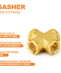Brass Pipe Fitting Cross Four Way Connector With Four Openings For Plumbing One Eighth Inch NPT Female Threads Solid Brass Durable