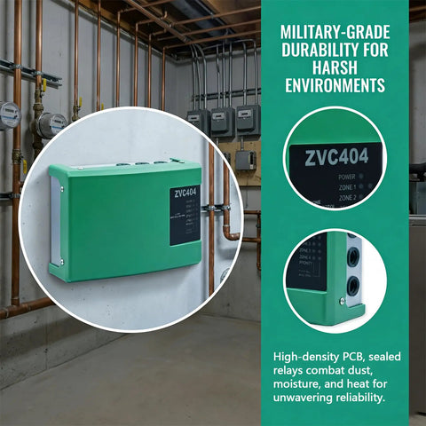 Upgraded 4 Zone Valve Control Board For Hydronic Heating Systems ZVC404-4 mounted on wall, showcasing military-grade durability and design.