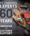 Plumbing experts celebrating 60 years of innovation and customer support with wrench and fittings on gloves.