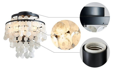 Capiz Shell Semi Flush Mount Ceiling Light in Matte Black for Bedroom and Kitchen Dope Coastal Style Pendant Fixture With Hundreds of Capiz Shells Elegant Romantic Ocean Vibe for Hallway and Entry shown with detailed view of capiz shells and matte black finish