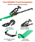 Heavy Duty Tire Safe Ratchet Strap Kit With Thick Rubber Blocks And Beefy Steel Hooks Secure Motorbikes And Atvs And Suvs Road Ready Tie Down System For Tough Hauls showcasing ratchet mechanism and chain.