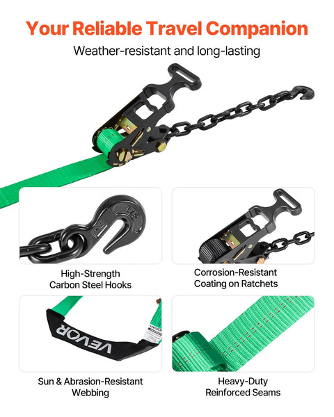 Heavy Duty Tire Safe Ratchet Strap Kit With Thick Rubber Blocks And Beefy Steel Hooks Secure Motorbikes And Atvs And Suvs Road Ready Tie Down System For Tough Hauls showcasing ratchet mechanism and chain.