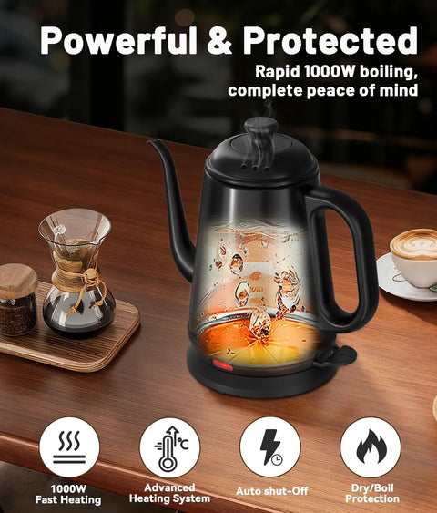 Gooseneck Electric Kettle For Epic Pour Over Coffee And Tea, 1L Stainless Steel Boiler, 1000W Fast Heat, Auto Shut Off, Boil Dry Protection, BPA Free, Sleek Black on kitchen counter with coffee setup