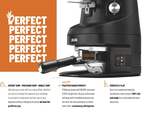 Precision Automatic Coffee Tamper Featuring Smooth Adjustable Pressure And Customizable Tamping Profiles For 54 Millimeter Portafilters close-up, showing controls and tamping mechanism.