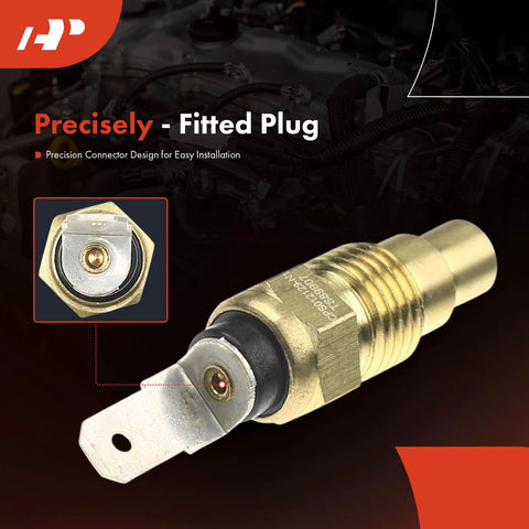 A-Premium engine coolant temperature sensor with brass threaded body, metal mounting tab and electrical contact.