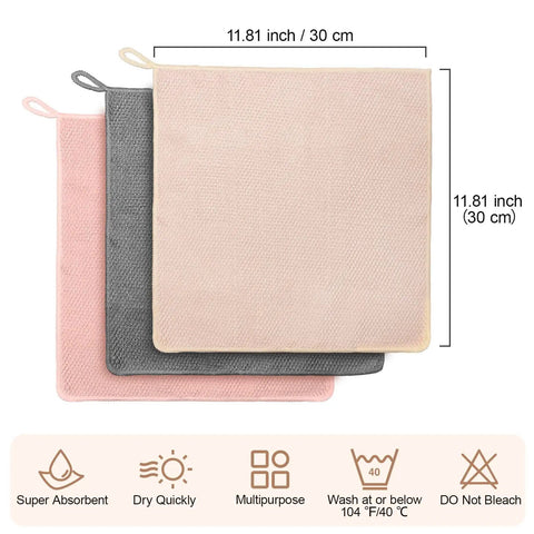 Four Pack Microfiber Coffee Cleaning Towels Set 12x12 Inches with Hanging Loop, Grey Pink Beige color variety, shown with measurements.