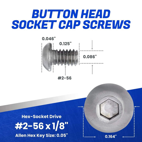 Button Head Socket Cap Screws 2-56 By One Eighth Inch Stainless Steel 18-8 100 Pack Full Thread Bright Finish Corrosion Resistant With Allen Socket Drive For Furniture, Motorcycles, And General Hardware Projects