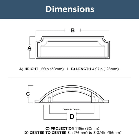 Dimensions illustration for Matte Black Cabinet Handles Set Of 10 Notched Backplate Drawer Pulls showing size and center spacing