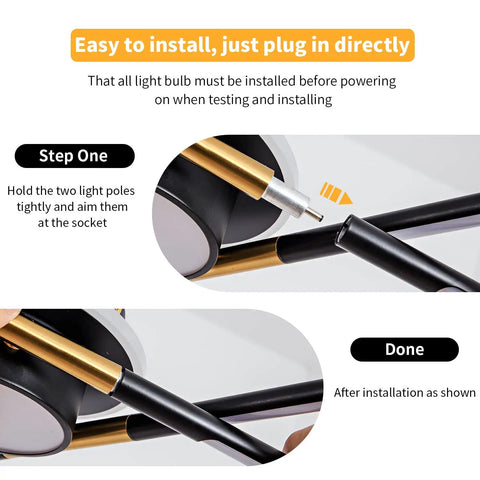 Installation steps for Industrial Sputnik Ceiling Light Fixture in black and gold with plug in design and adjustable LED tubes.