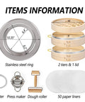 Real Deal 10 Inch Bamboo Steamer Basket Set With Dome Lid Stainless Steel Ring Adapter Dough Roller Press Tools For No Sweat Homemade Dim Sum Buns including stainless steel ring and two bamboo tiers.