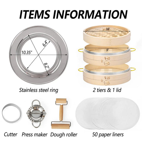 Real Deal 10 Inch Bamboo Steamer Basket Set With Dome Lid Stainless Steel Ring Adapter Dough Roller Press Tools For No Sweat Homemade Dim Sum Buns including stainless steel ring and two bamboo tiers.