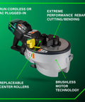 Badass Cordless Rebar Bender and Cutter Crushes Heavy Steel Tasks Fast Using One Brushless Motor and 36V Multivolt Battery, showing features of portable rebar cutting and bending tool.